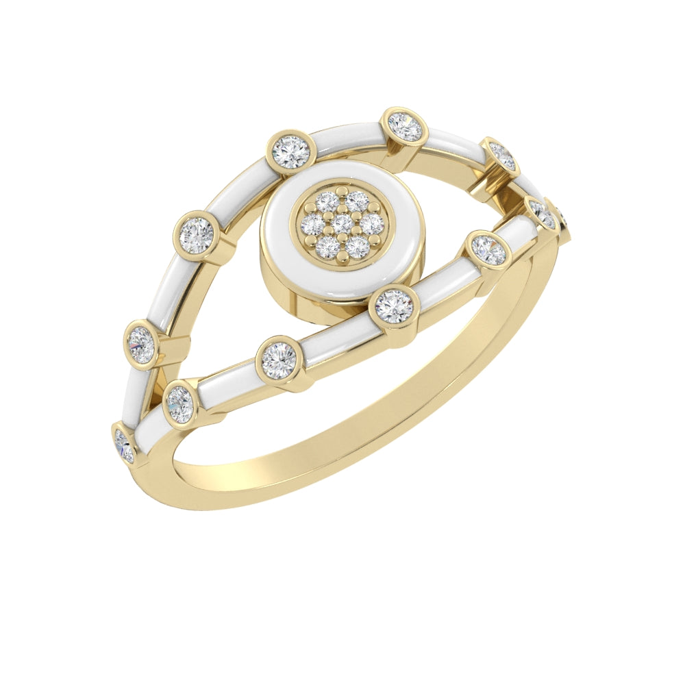  White eye gold ring with diamond beads shown in slanted view - 14k Yellow / Bianco