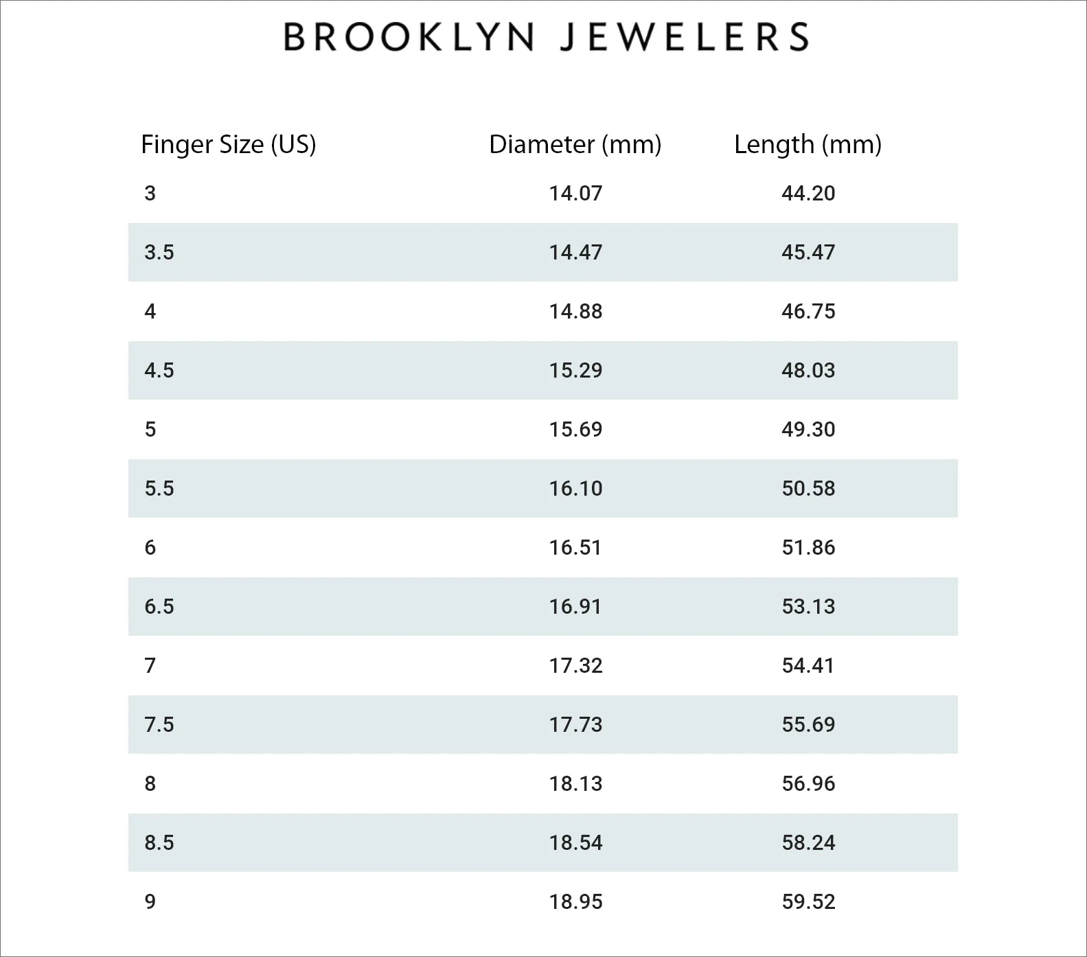 Size Chart – Brooklyn Jewelers